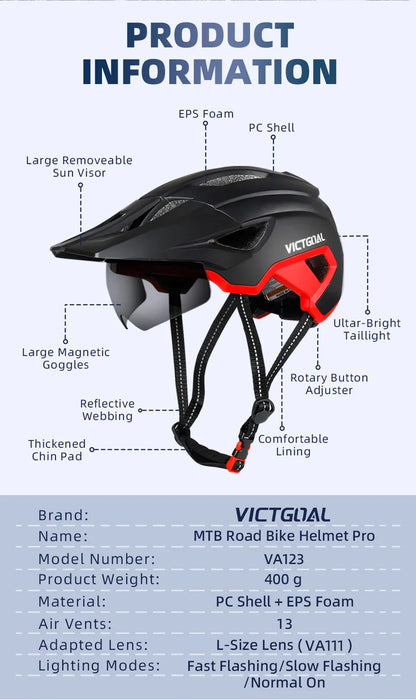 VICTGOAL LED Bike Helmet – Rechargeable Men’s Cycling Helmet with Sun Goggle Visor & Sunglasses Shield for Road & MTB Cycling