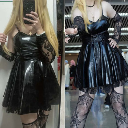 MisaMisa Cosplay Costume – Gothic Death Note Outfit for Women, Leather Dress with Stockings, Garters & Choker for Halloween