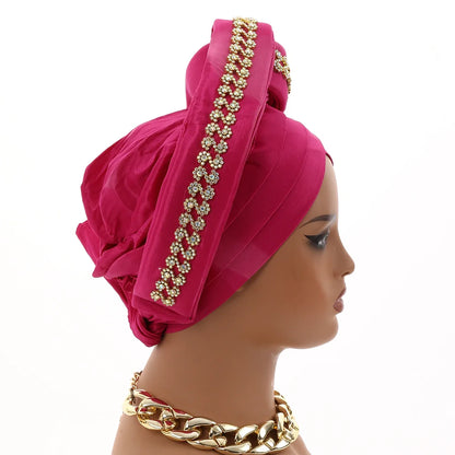 Luxury Diamond African Turban Headtie - Nigerian Auto Gele Head Wrap for Women, Wedding & Party Headpiece