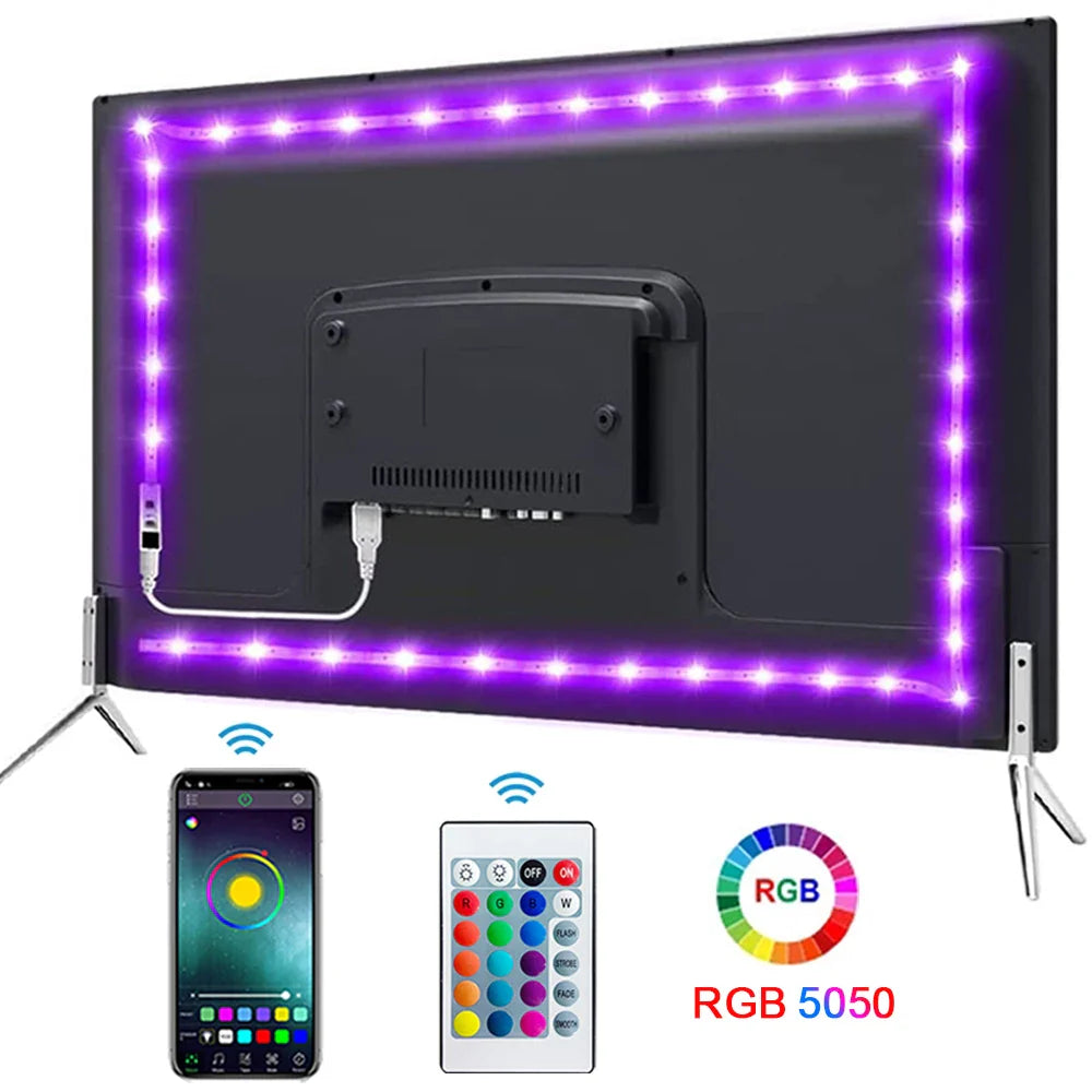 USB LED Strip Lights – Bluetooth-Controlled SMD 5050 RGB Tape, Flexible Self-Adhesive TV Backlight