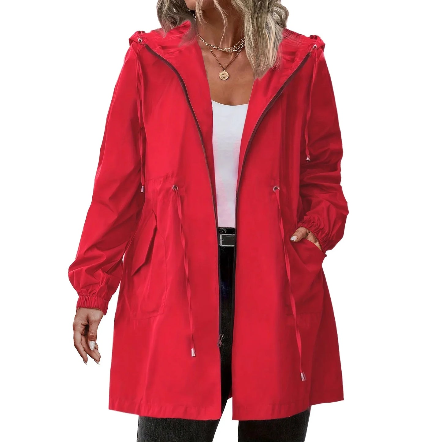 Women’s Hooded Trench Coat - Long Sleeve Mid-Length Windbreaker for Spring & Autumn