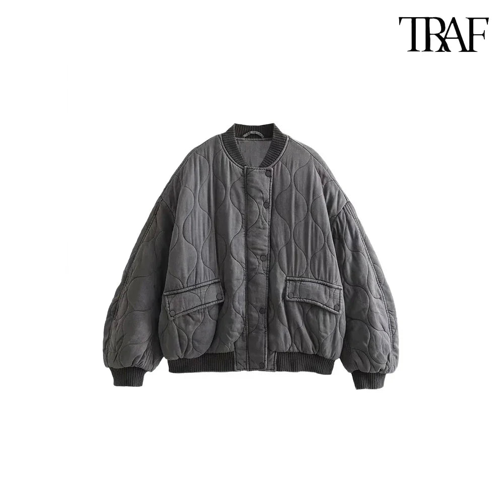 TRAF Women’s Quilted Aviator Jacket – Solid Color Round Collar Long Sleeve Casual Coat