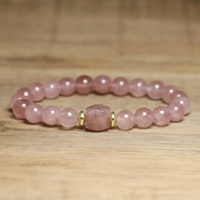 Natural Stone Beaded Bracelet – Strawberry Crystal & Yellow Jade Bohemian Minimalist Adjustable Crystal Jewelry for Women & Men