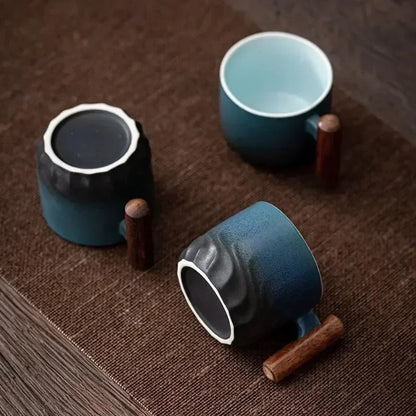 80ML Handmade Ceramic Coffee Cup with Wooden Handle - Office Tea Mug with Filter, Perfect Birthday Gift