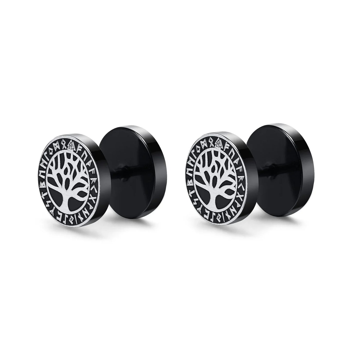 Vnox Men's Viking Black Stud Earrings - Vegvisir & Norse Valknut, Cool Punk Stainless Steel Set