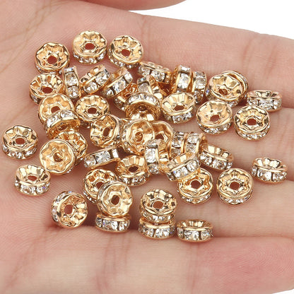 50PCS Rhinestone Spacer Beads Set – Multi-Color Crystal Rondelle Metal Beads for DIY Jewelry & Bracelet Making