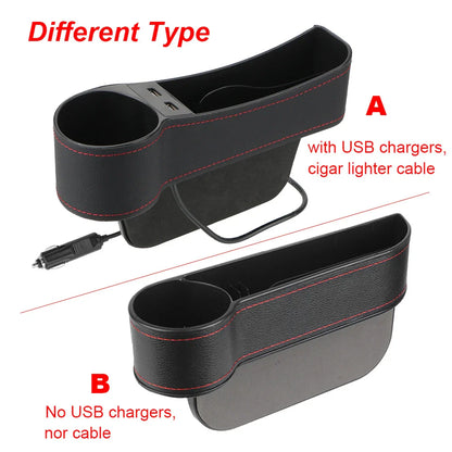 Car Seat Gap Organizer – Leather Auto Crevice Storage Box with Cup & Phone Holder, USB Option