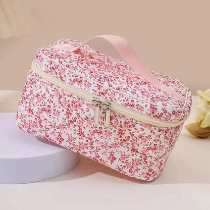 Cotton Floral Cosmetic Pouch – Dual Zipper Makeup Organizer, Portable Travel Storage & Wash Bag