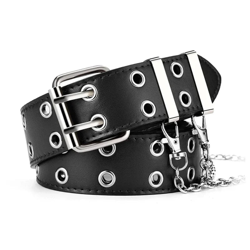 Women's Y2K Double-Hole Punk Belt - Adjustable Unisex Hip Hop Rock Style Punch-Free Waist Belt