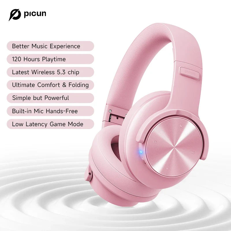 Picun B8 Bluetooth Headphones - 120H Playtime, Wireless Over-Ear Headset, 3EQ Mode, Low Latency, Hands-Free Calls