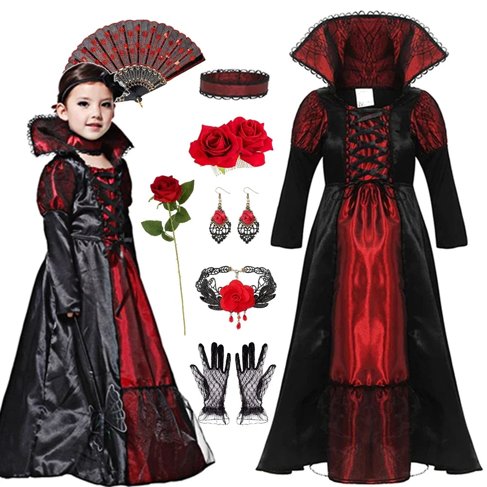 Girls Vampire Queen Costume - Black & Red Vintage Long Dress with Collar for Halloween & Cosplay