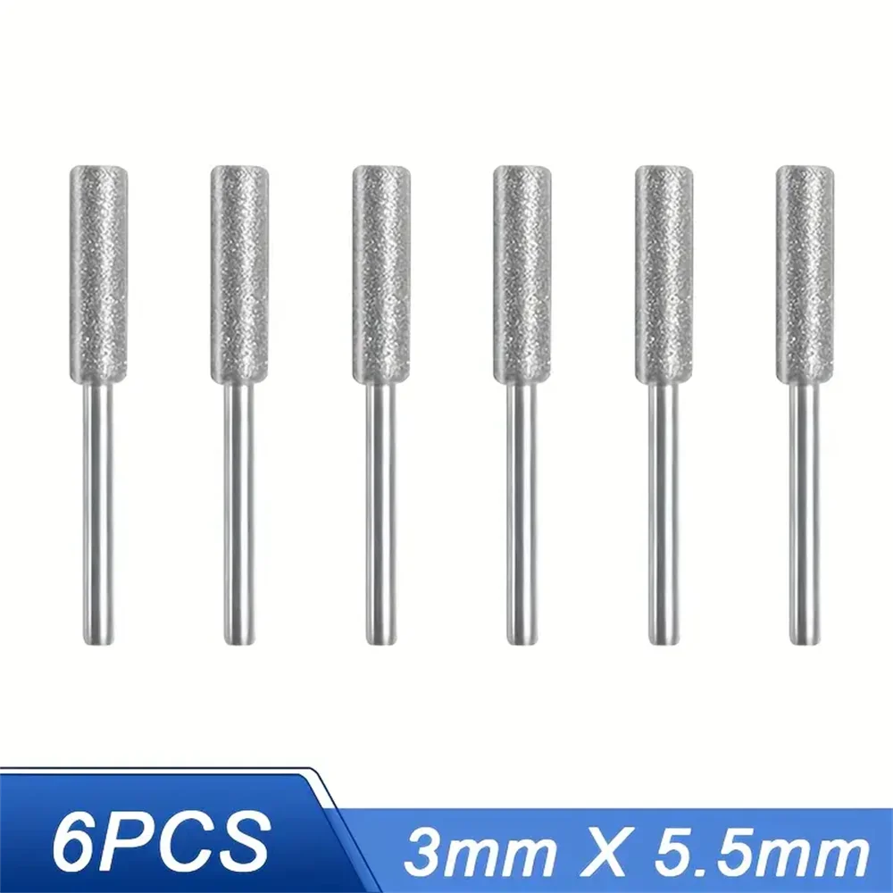 6Pcs Diamond Coated Cylindrical Burr Set (4/4.8/5.5mm) Chainsaw Sharpener Stone Files for Chain Sharpening, Carving & Grinding Tools Kit