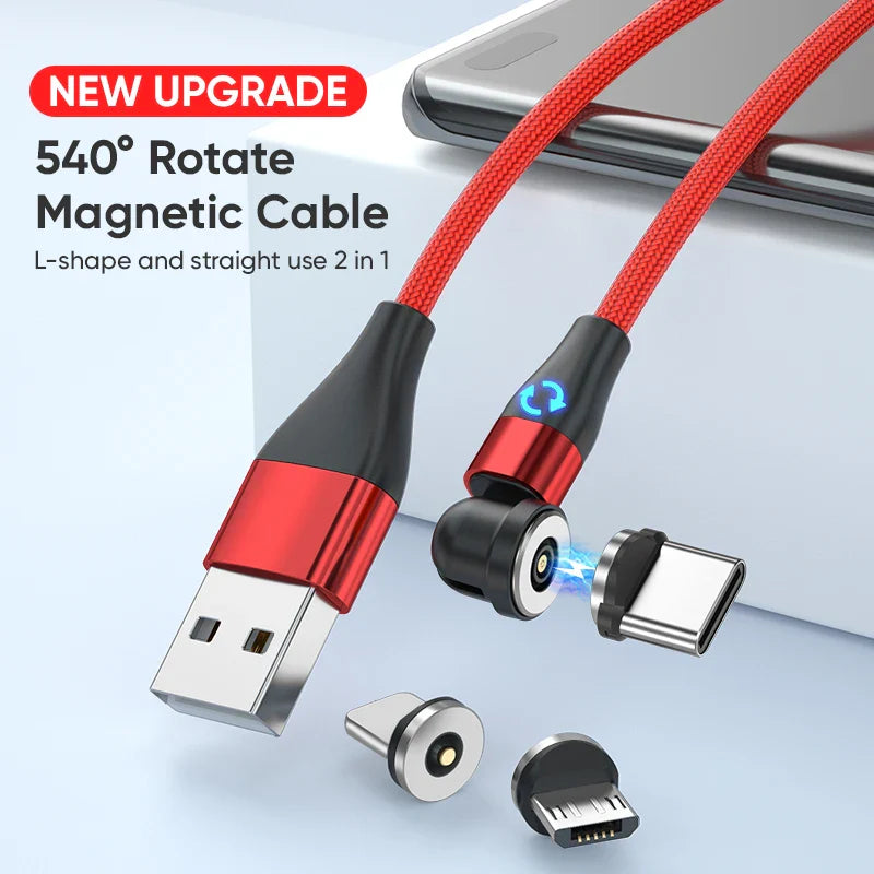 3-in-1 Magnetic Charging Cable — Micro USB & Type-C with 540° Rotate LED for Xiaomi, Samsung, Huawei, iPhone