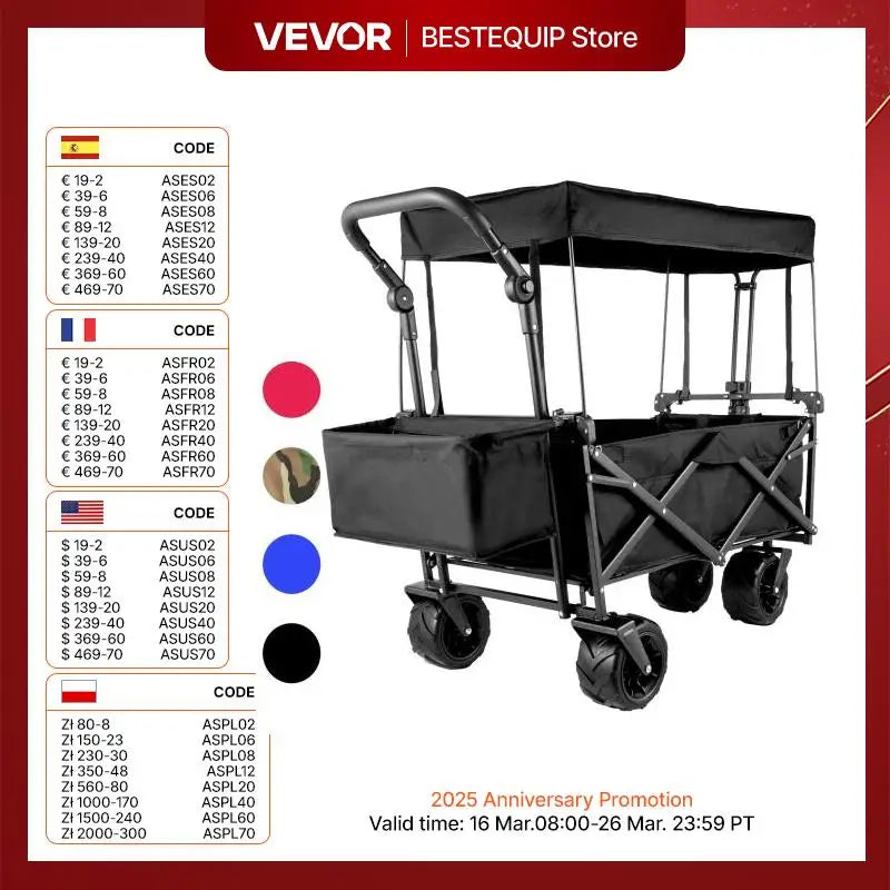 VEVOR Folding Wagon Cart with Adjustable Handle & Removable Canopy – Collapsible Oxford Cloth Utility Cart for Camping, Beach & Outdoor Use