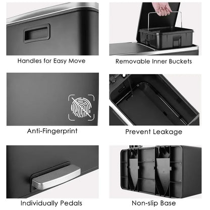 60L Dual Compartment Kitchen Step Trash Can – Hands-Free, Soft-Close Lid, Brushed Stainless Steel