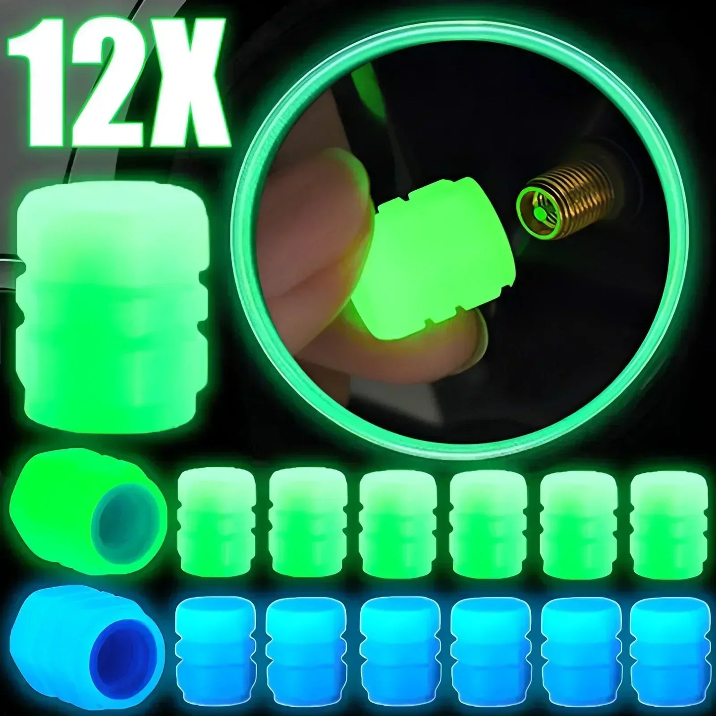 12Pcs Luminous Valve Stem Caps - Fluorescent Night Glowing Wheel Hub Caps for Motorcycle, Bicycle and Car Tyres