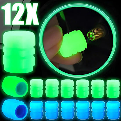 12Pcs Luminous Valve Stem Caps - Fluorescent Night Glowing Wheel Hub Caps for Motorcycle, Bicycle and Car Tyres
