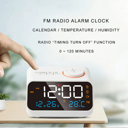 FM Radio, LED Alarm Clock, and Digital Table Calendar with Temperature, Thermometer, and Humidity Hygrometer for Bedside Bliss