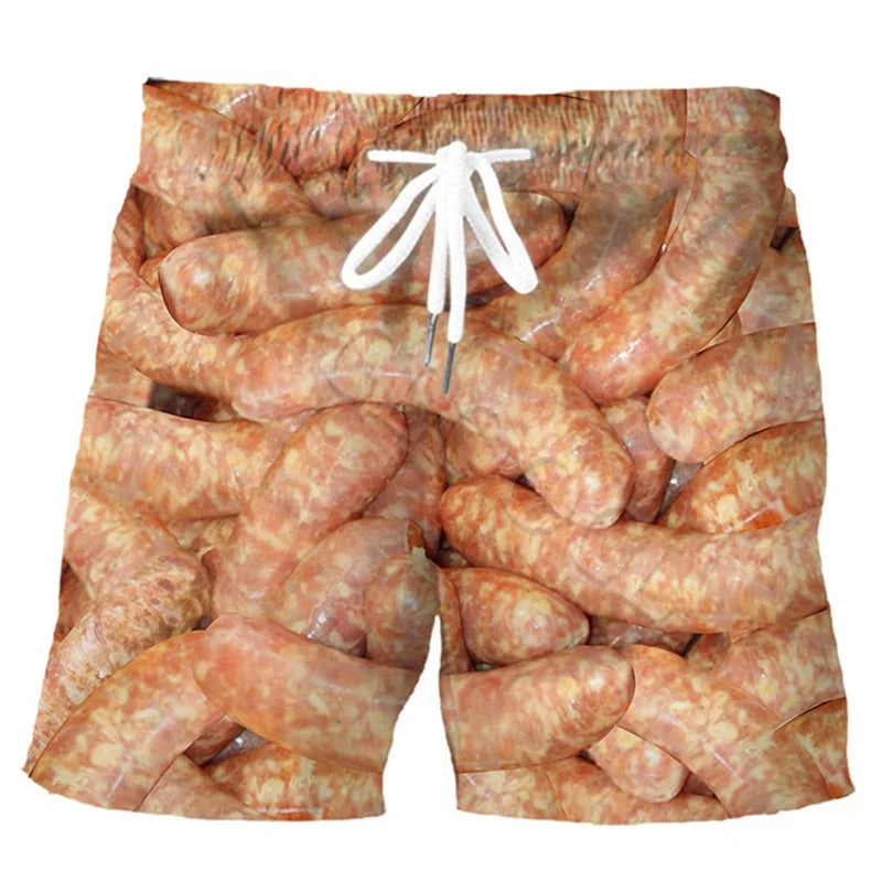 3D Sausage Print Beach Shorts - Funny Food Graphic Elastic Waist Swim Trunks for Men