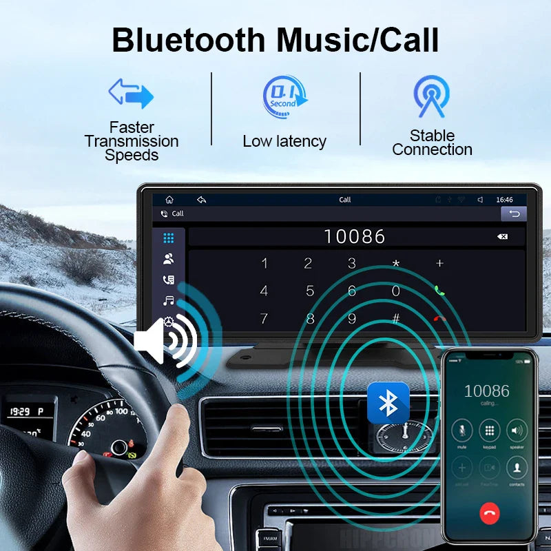 10.26" Car Mirror Radio Multimedia Player – Wireless CarPlay & Android Auto, Bluetooth, AUX, USB Screen