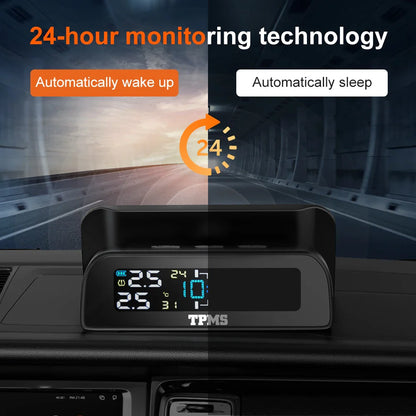 Solar Car TPMS Tire Pressure Monitoring System – 4 External Sensors with Temperature Alarm for Tyre Safety