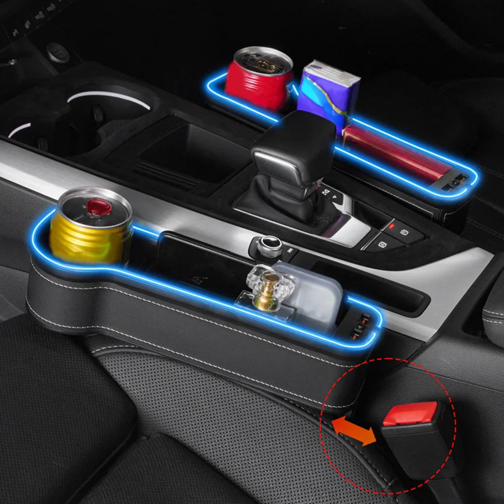 Car Crevice Storage Box with 2 USB Charger – LED Seat Gap Organizer, Phone, Bottle, and Cup Holder