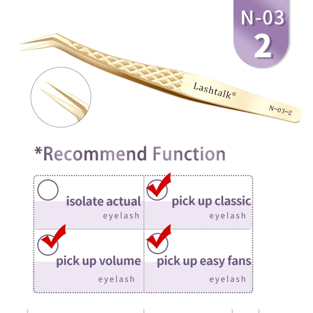 Lashtalk Precision Fiber Tip Tweezer - Diamond Grip Anti-Slip Gold Stainless Steel for Eyelash Extensions Makeup by Nagaraku