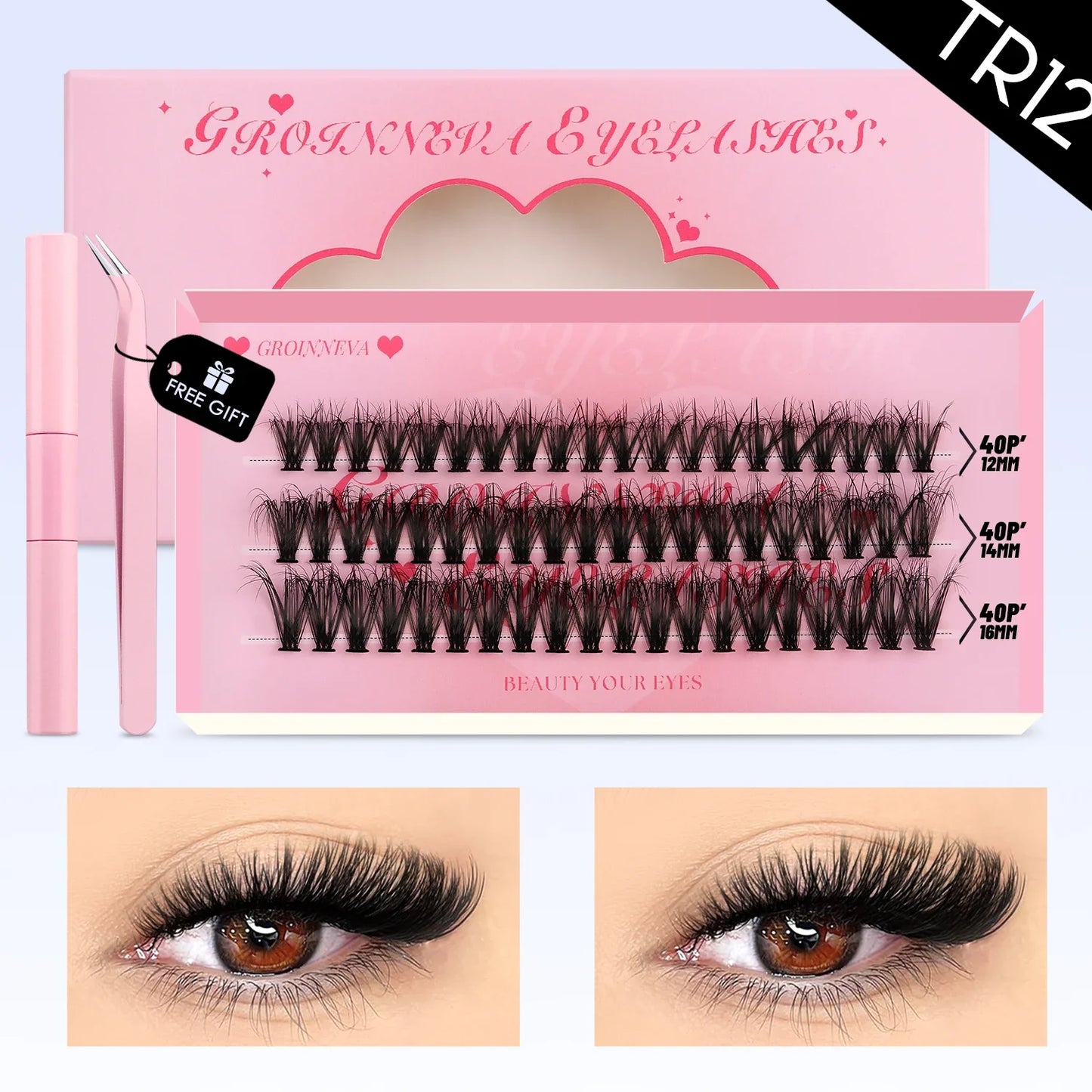 GROINNEYA DIY Mixed Lash Clusters Set – Fluffy Individual Lash Extensions Kit with Bond & Seal for At-Home Makeup