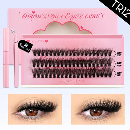GROINNEYA DIY Mixed Lash Clusters Set – Fluffy Individual Lash Extensions Kit with Bond & Seal for At-Home Makeup