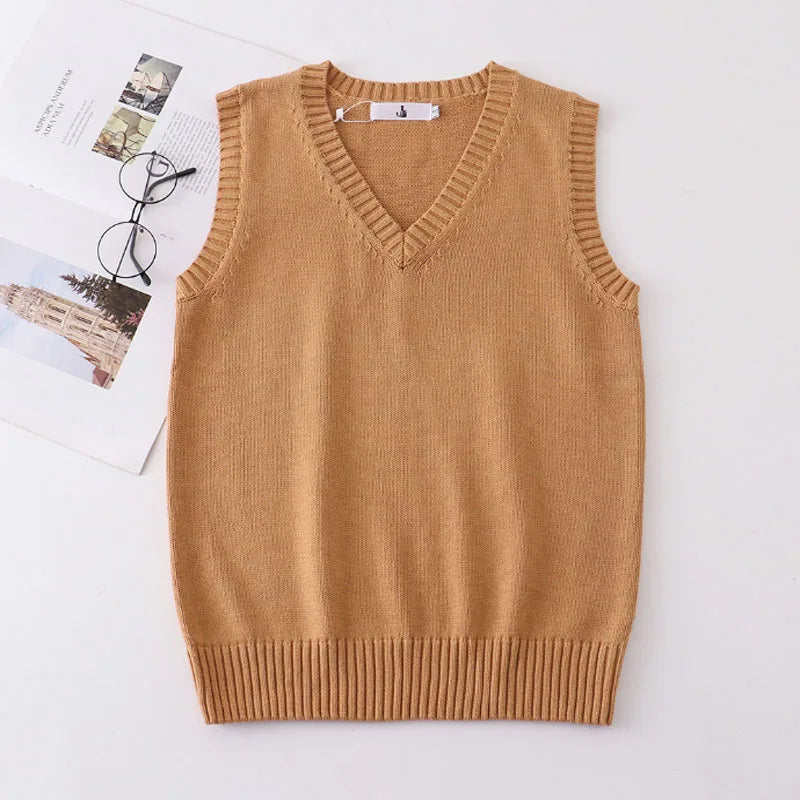 Unisex Sleeveless Sweater Vest – V-Neck Preppy Knitted Jumper for Women & Men, Retro Spring Fashion