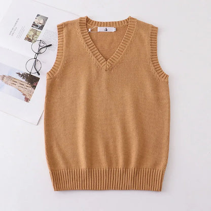 Unisex Sleeveless Sweater Vest – V-Neck Preppy Knitted Jumper for Women & Men, Retro Spring Fashion