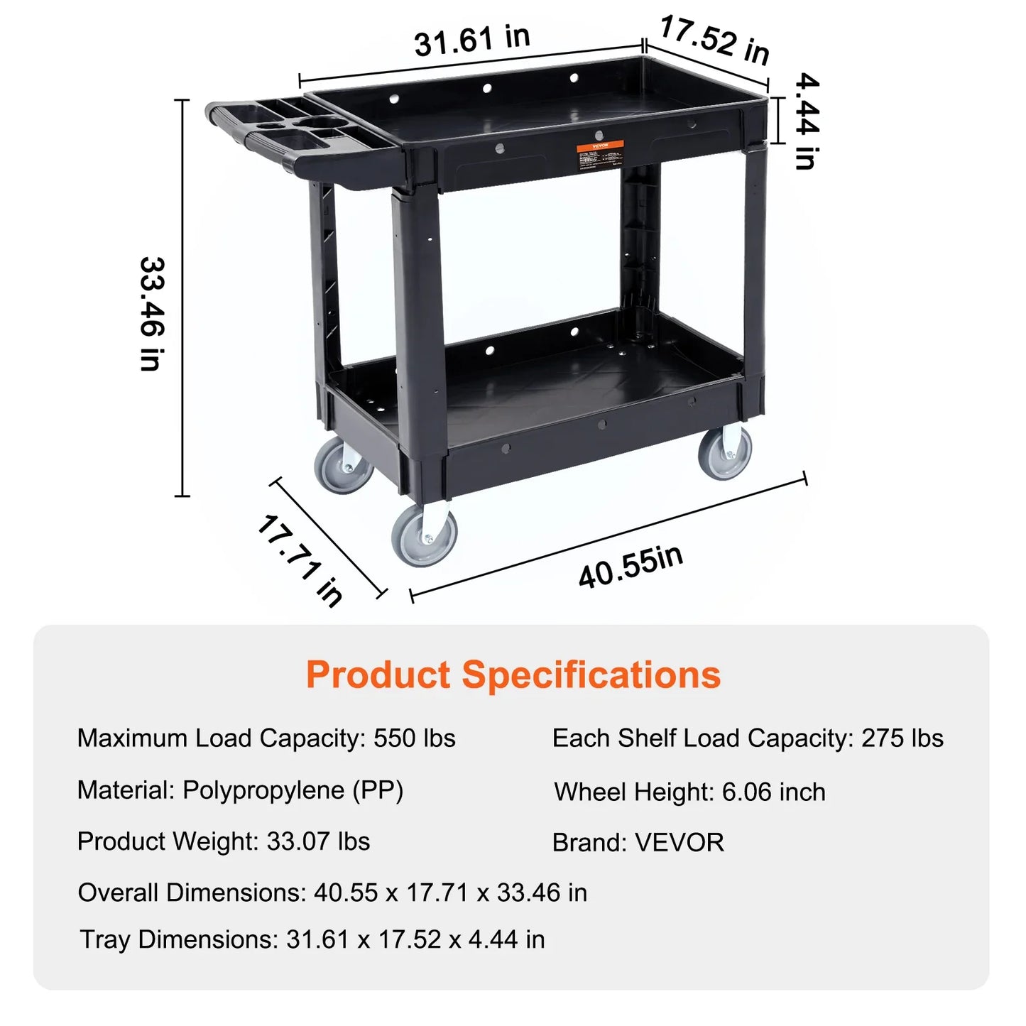 VEVOR 2/3 Shelf Heavy Duty Utility Service Cart with 360° Swivel Wheels – Ergonomic Storage Handle for Warehouse, Garage, Cleaning