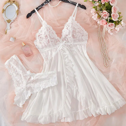 Women’s Lingerie Set — Plus Size Lace Nightgown, Thong & Suspender Sexy Sleepwear