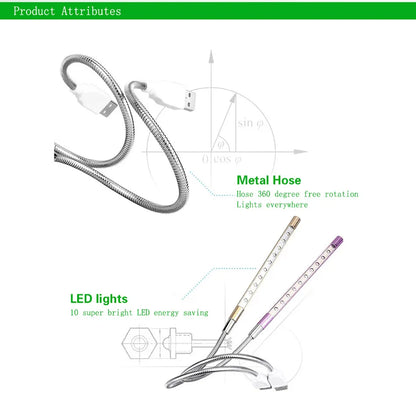 Flexible LED Night Light - Silver/Black Metal, USB Powered, 10 LED Book Reading Light for Laptops and Notebooks