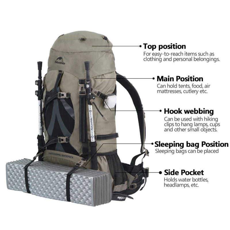 Naturehike 70L Camping Backpack — Large Capacity Ergonomic Hiking & Trekking Bag for Men with Rain Cover