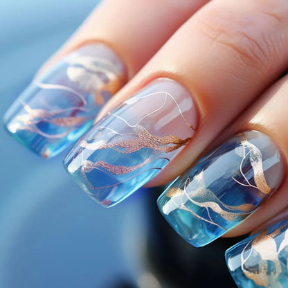 24pcs Blue Golden Stripe Press-On Nails Shiny Powder Long Square Full Cover False Nail Tips Wearable Love Design