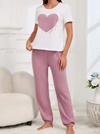 Women’s Heart Print Pajama Set – Short Sleeve Top & Pants Two-Piece Loungewear