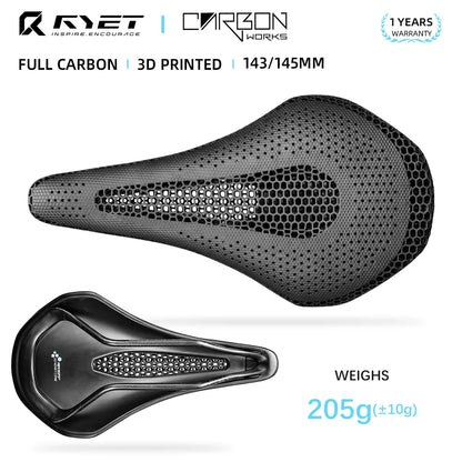 RYET Ultra Full Carbon 3D Printed Bike Saddle — 145mm Lightweight MTB Seat with High Modulus Carbon Fiber Base