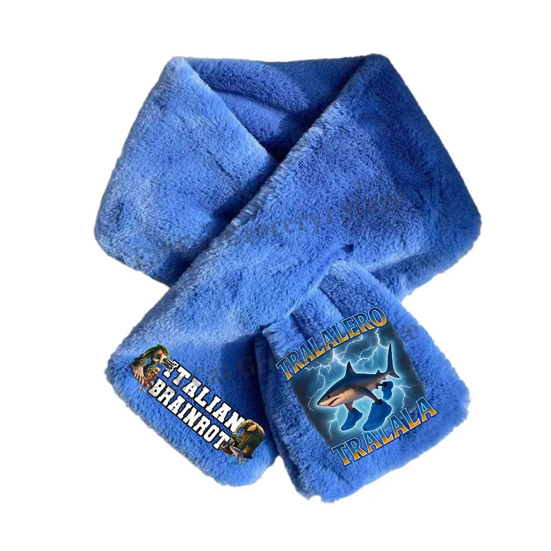 Italian Brainrot Plush Scarf – Kawaii Tralalero Neckerchief for Kids, Boys & Girls, Winter Warm Muffler, Children’s Bandelet Gift