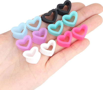 6 Pairs Heart Shape Silicone Ear Gauges – Flexible Double Flared Piercing Tunnels (2g to 1 inch) Stretch Ear Plug Body Jewelry Set