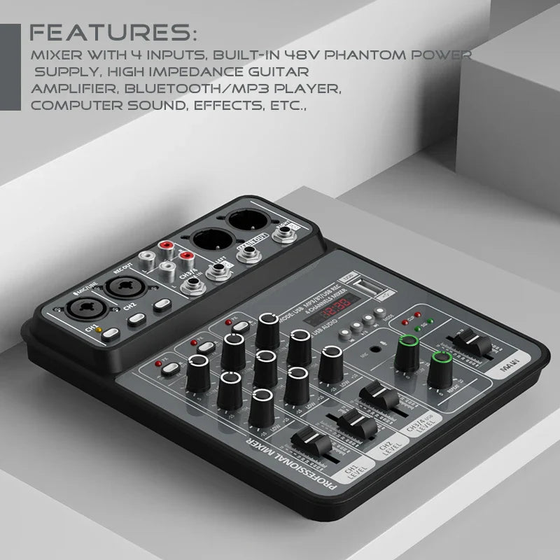 4-Channel Audio Mixer — USB Studio Mixer with 48V Phantom Power & Bluetooth for DJ & Karaoke