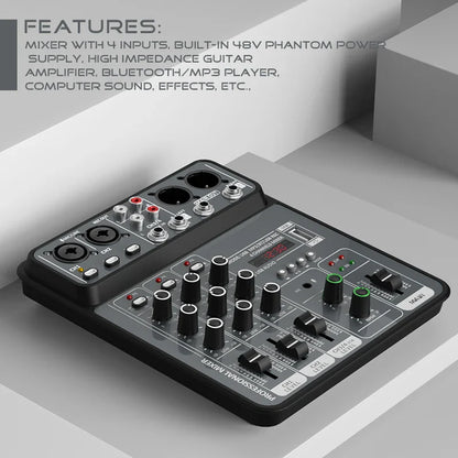 4-Channel Audio Mixer — USB Studio Mixer with 48V Phantom Power & Bluetooth for DJ & Karaoke