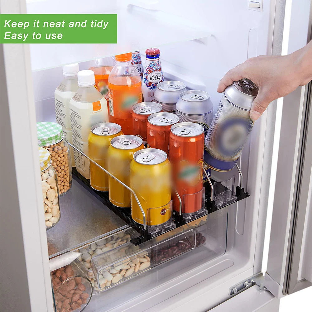 Canned Beverage Push Rack – Adjustable E-Shaped Drink Organizer & Dispenser for Kitchen & Fridge
