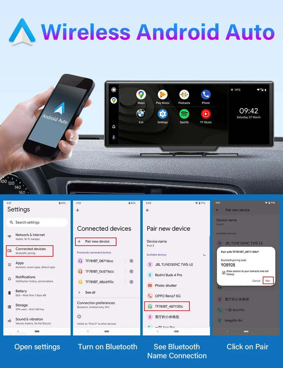10.26" 4K Dash Cam Car Mirror — Wireless CarPlay Android Auto GPS Multimedia Rearview Camera Dashboard Monitor