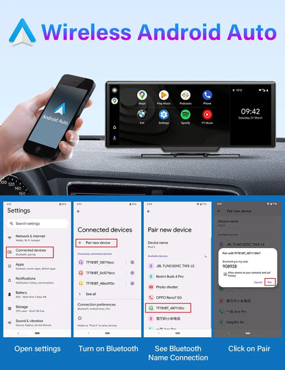 Srnubi 10.26 Inch Dash Cam Rearview Mirror - CarPlay & Android Auto DVR with GPS Navigation, Video Dashboard Monitor