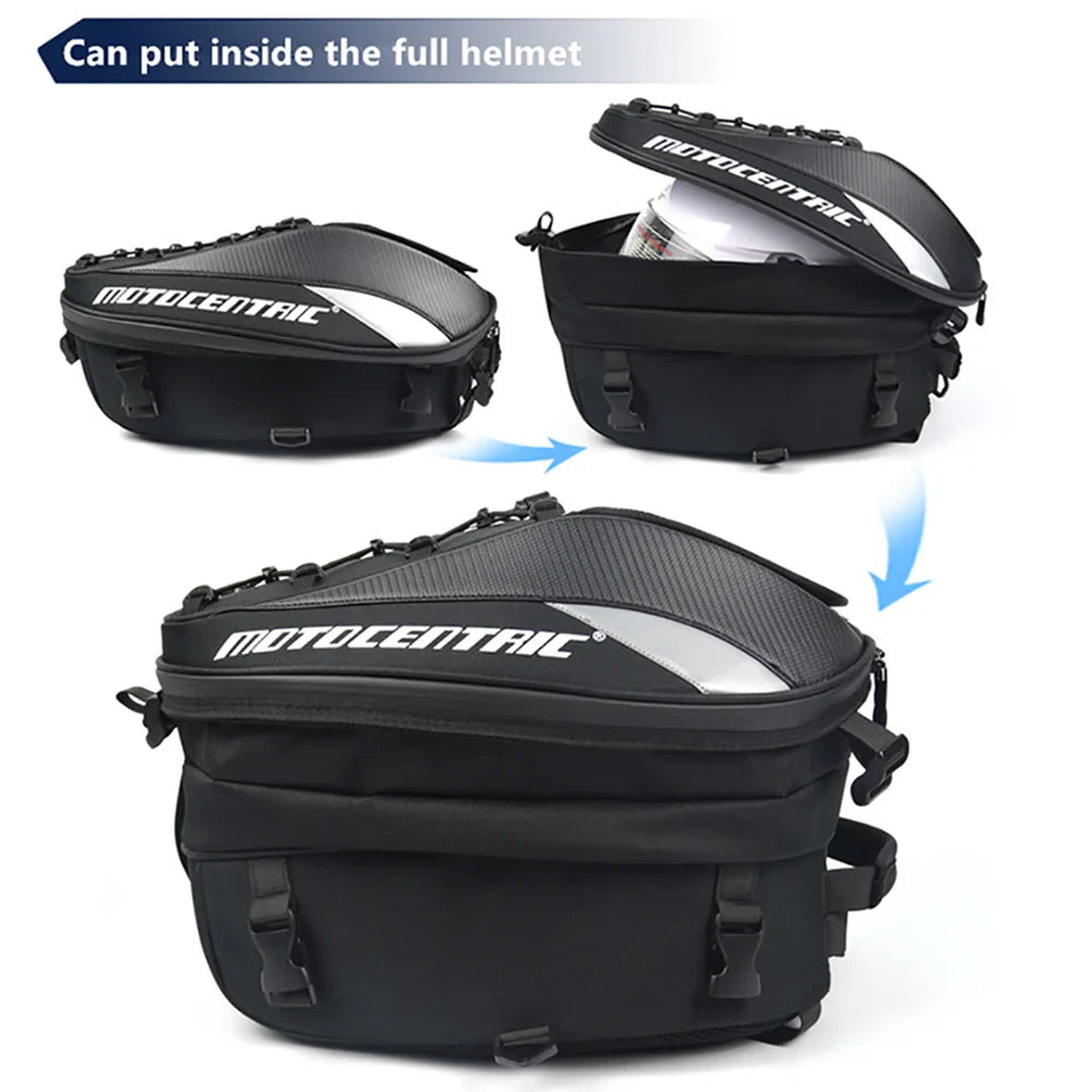 MOTOCENTRIC Waterproof Motorcycle Back Seat Bag - Multifunctional Tail Bag, Rear Seat Helmet Bag, Moto Rider Backpack