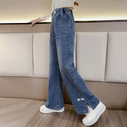 New 2024 Teenage Girls’ Blue Street Cartoon Jeans – Elastic Mid-Waist Loose Wide-Leg Denim Pants for Spring Fashion