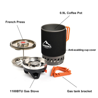 Widesea Camping Cooking System – Gas Stove Burner with Heat Exchanger, Coffee Pot & Cookware for Outdoor Tourism