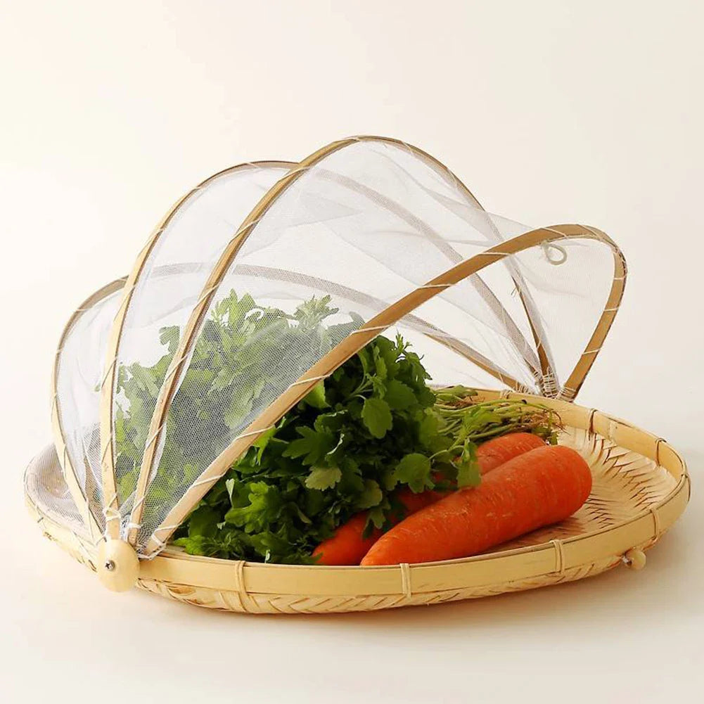 Bamboo Woven Basket with Anti-Mosquito Net – Portable Outdoor Fruit & Vegetable Tray with Mesh Cover