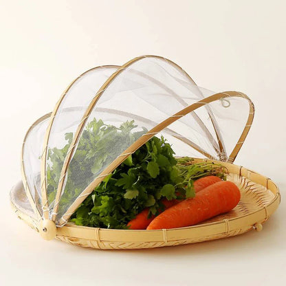 Bamboo Woven Basket with Anti-Mosquito Net – Portable Outdoor Fruit & Vegetable Tray with Mesh Cover